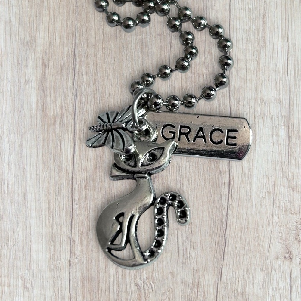 Hand Crafted Necklace GRACE Dog Tag Charms Retro Cat Butterfly Tibetan Pendant - Picture 1 of 6